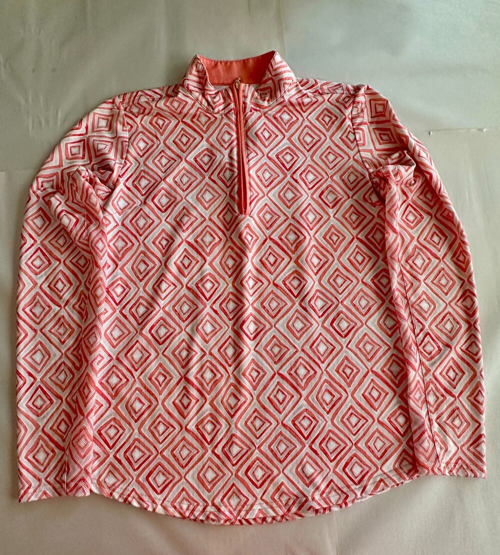 SanSoleil UPF 50 Golf Sun Shirt Womens Small Coral Diamond Print Quarter Zip